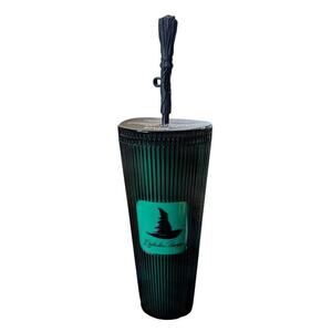 Starbucks Wicked 24oz Elphaba Tumbler Emerald Green w/ Broom Topper Glow In Dark